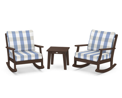 POLYWOOD® Braxton 3-Piece Deep Seating Rocker Set in Mahogany / Buffalo Plaid Sky Blue