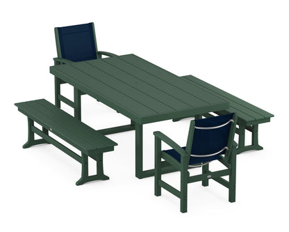 POLYWOOD® Coastal 5-Piece Dining Set with Trestle Legs in Green / Navy Blue Sling