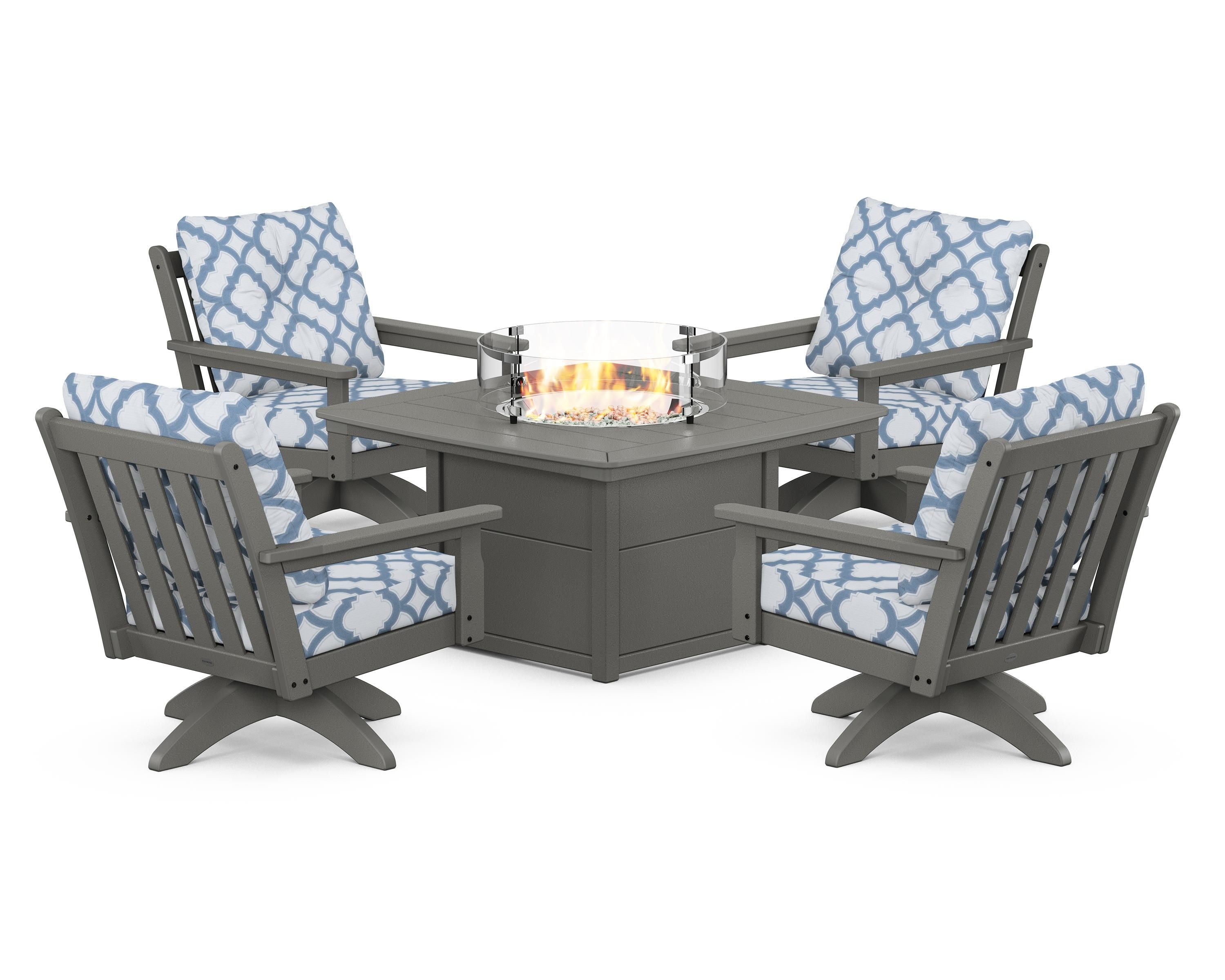 POLYWOOD® Vineyard 5-Piece Deep Seating Swivel Conversation Set with Fire Pit Table in Slate Grey / Trellis Sky Blue