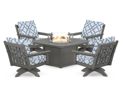 POLYWOOD® Vineyard 5-Piece Deep Seating Swivel Conversation Set with Fire Pit Table in Slate Grey / Trellis Sky Blue