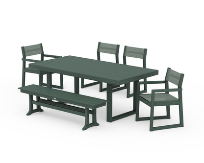 POLYWOOD® EDGE Sling 6-Piece Dining Set with Bench in Green / Dupioni Sea Mist Sling
