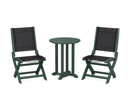 POLYWOOD® Coastal Folding Side Chair 3-Piece Round Bistro Dining Set in Green / Black Sling