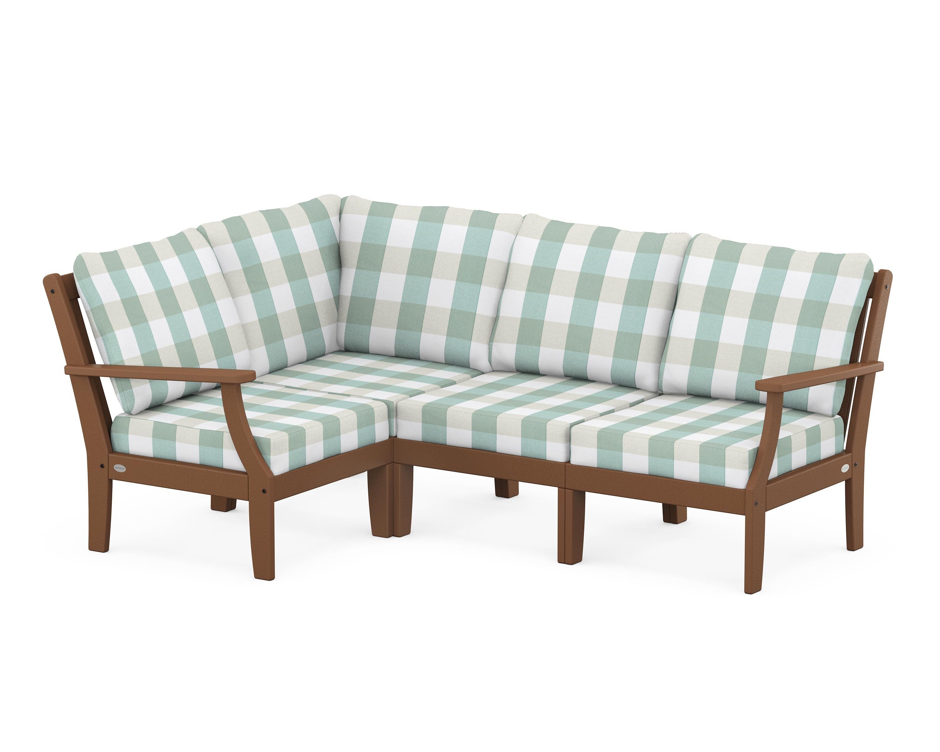 POLYWOOD® Braxton Modular 4-Piece Deep Seating Set in Teak / Buffalo Plaid Glacier Spa
