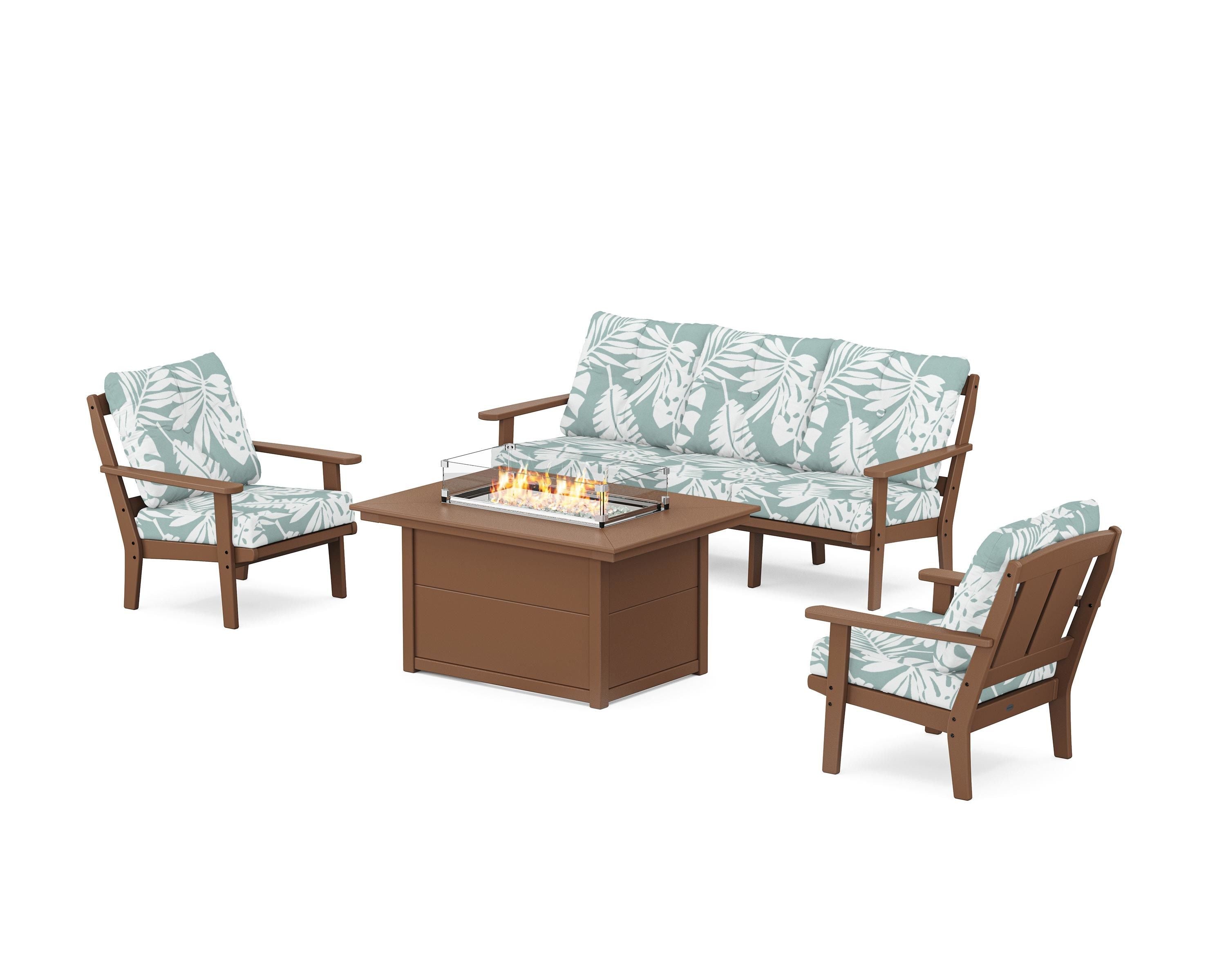 POLYWOOD® Mission Deep Seating Fire Pit Table Set in Teak / Leaf Glacier Spa