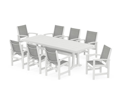 POLYWOOD® Coastal 9-Piece Farmhouse Dining Set with Trestle Legs in White / Metallic Sling