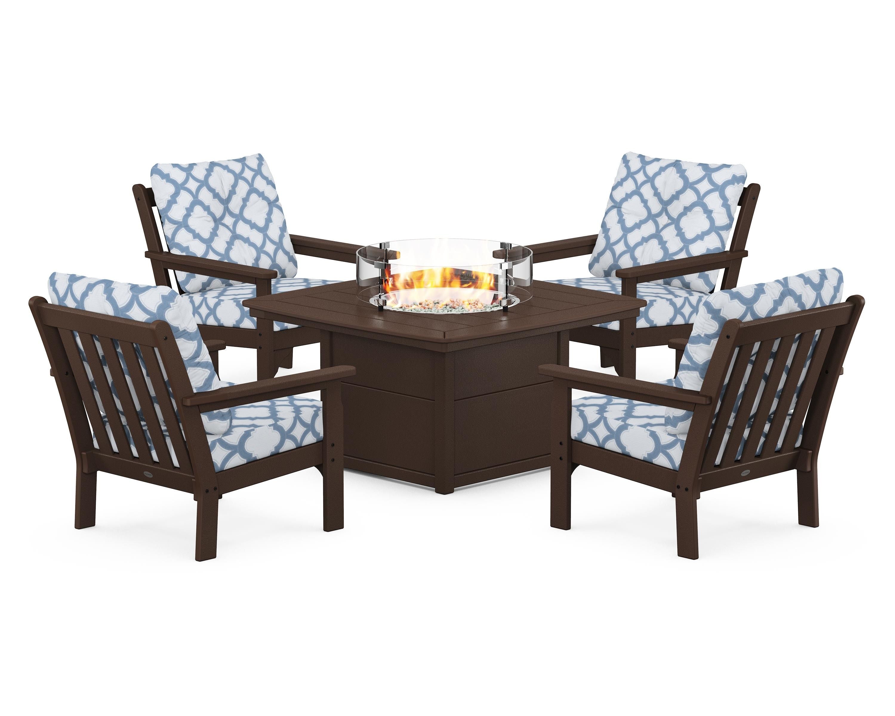 POLYWOOD® Vineyard 5-Piece Conversation Set with Fire Pit Table in Mahogany / Trellis Sky Blue