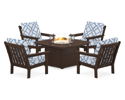 POLYWOOD® Vineyard 5-Piece Conversation Set with Fire Pit Table in Mahogany / Trellis Sky Blue
