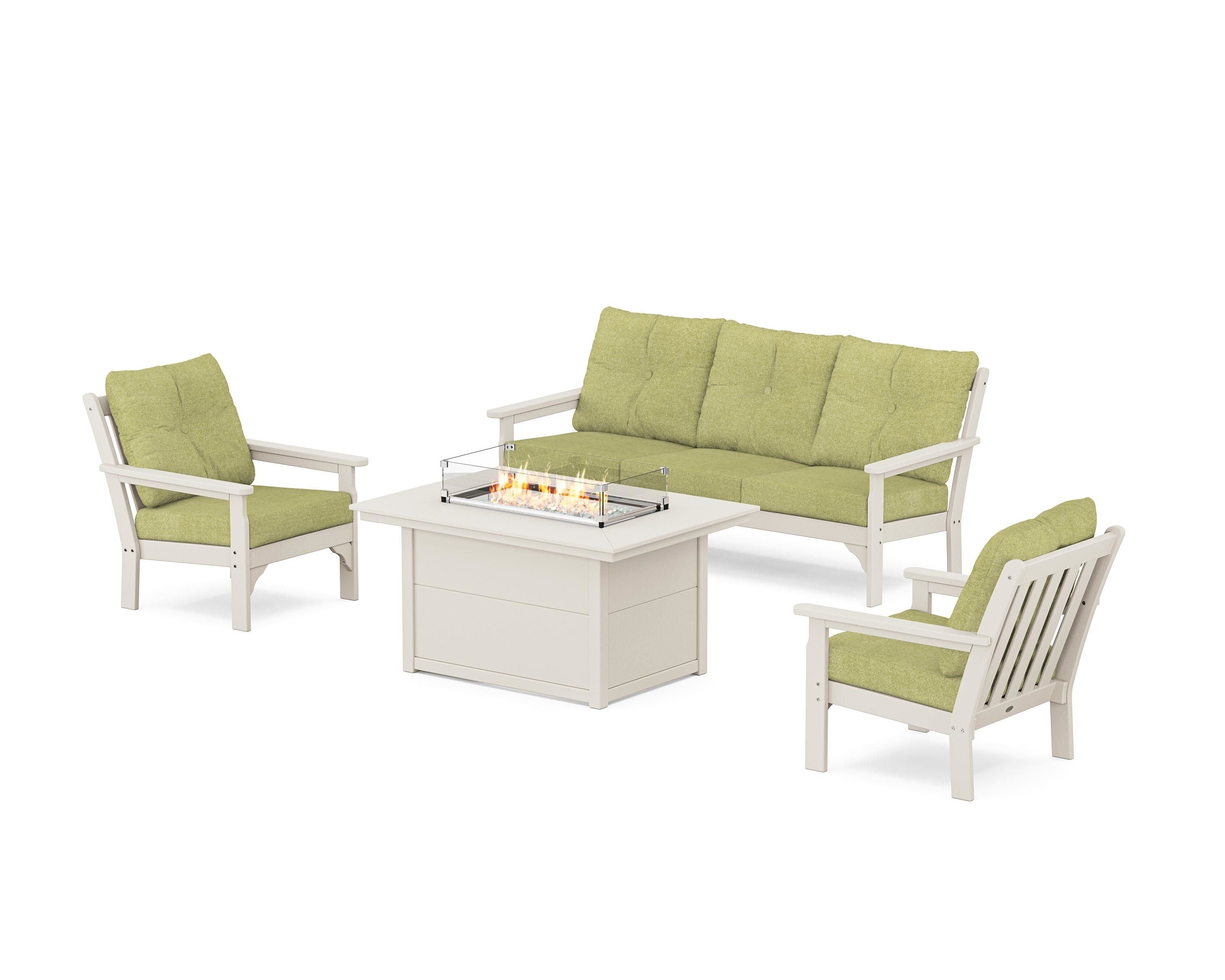 POLYWOOD® Vineyard Deep Seating Fire Pit Table Set in Sand / Chartreuse Boucle