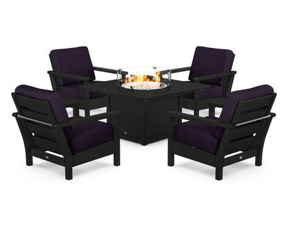 POLYWOOD® Harbour 5-Piece Conversation Set with Fire Pit Table in Black / Navy Linen