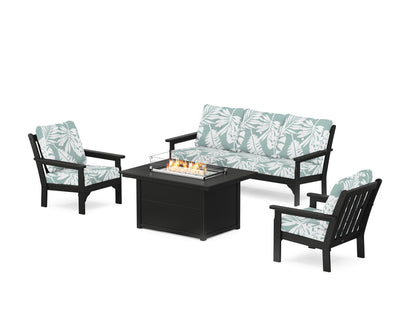 POLYWOOD® Vineyard Deep Seating Fire Pit Table Set in Black / Leaf Glacier Spa