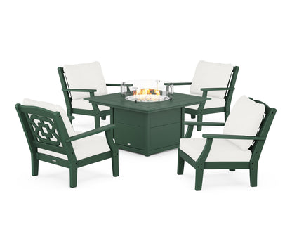 Martha Stewart by POLYWOOD® Chinoiserie 5-Piece Deep Seating Set with Fire Pit Table in Green / Natural Linen