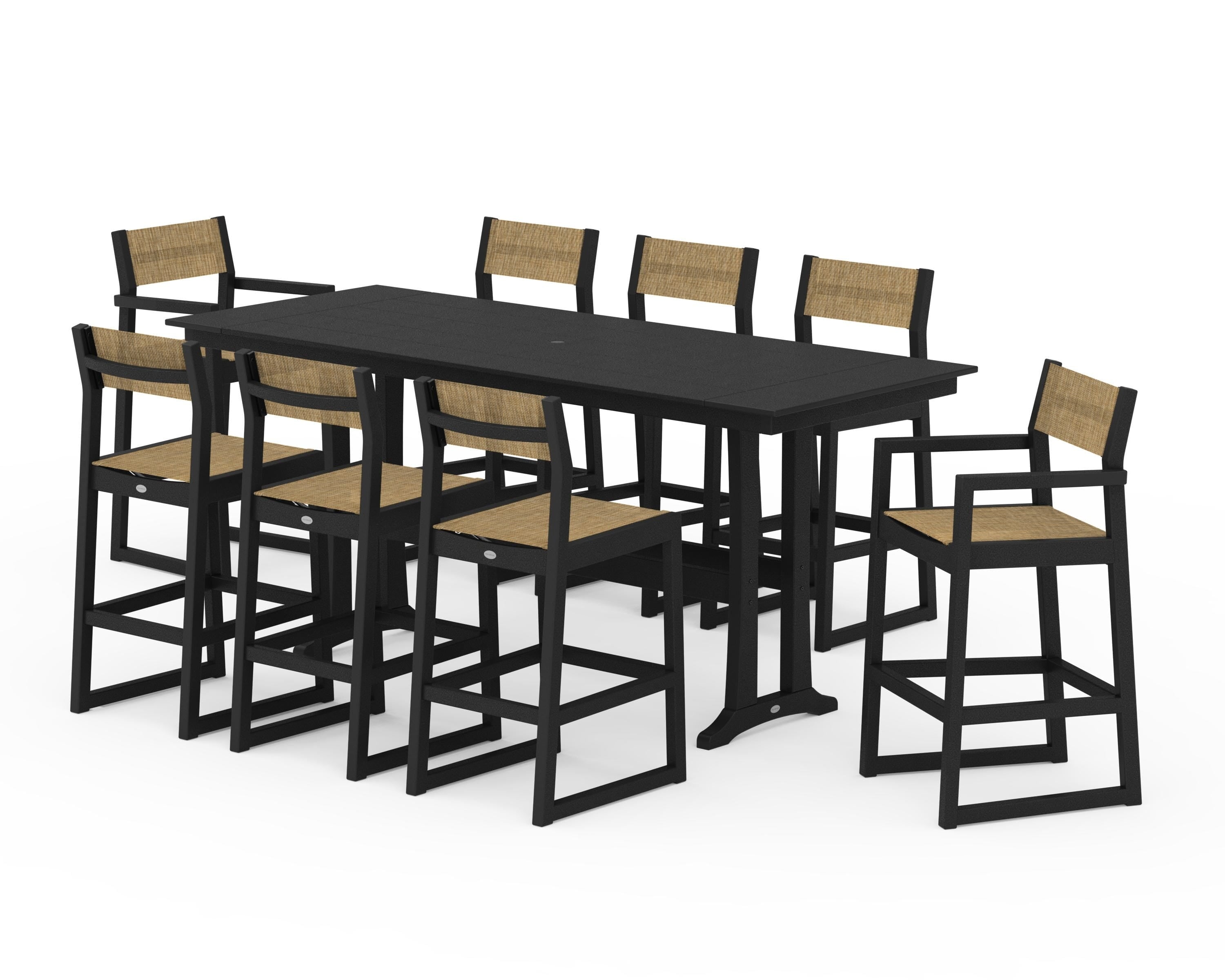 POLYWOOD® EDGE Sling 9-Piece Farmhouse Bar Set with Trestle Legs in Black / Burlap Sling