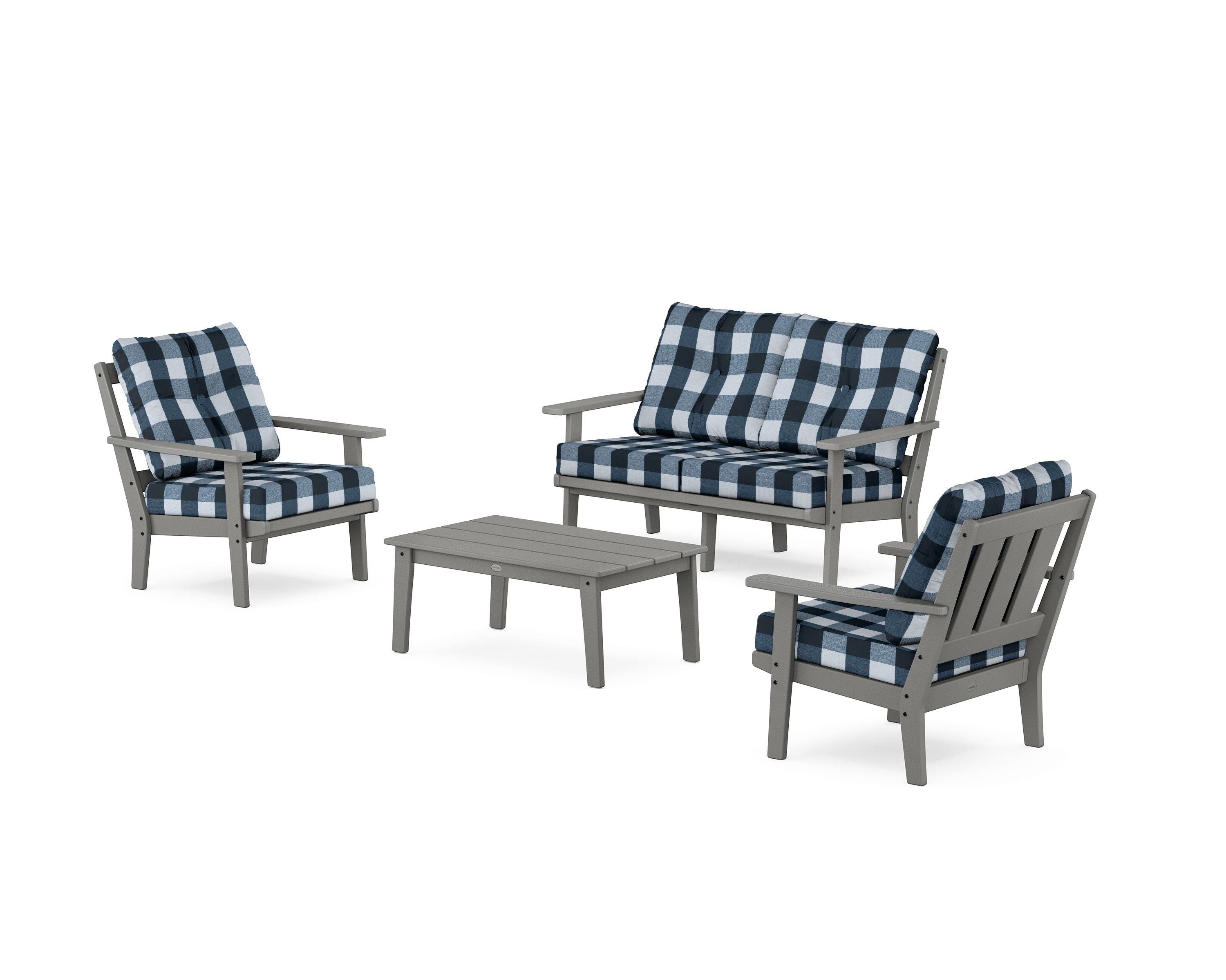 POLYWOOD® Oxford 4-Piece Deep Seating Set with Loveseat in Slate Grey / Buffalo Plaid Marine Indigo