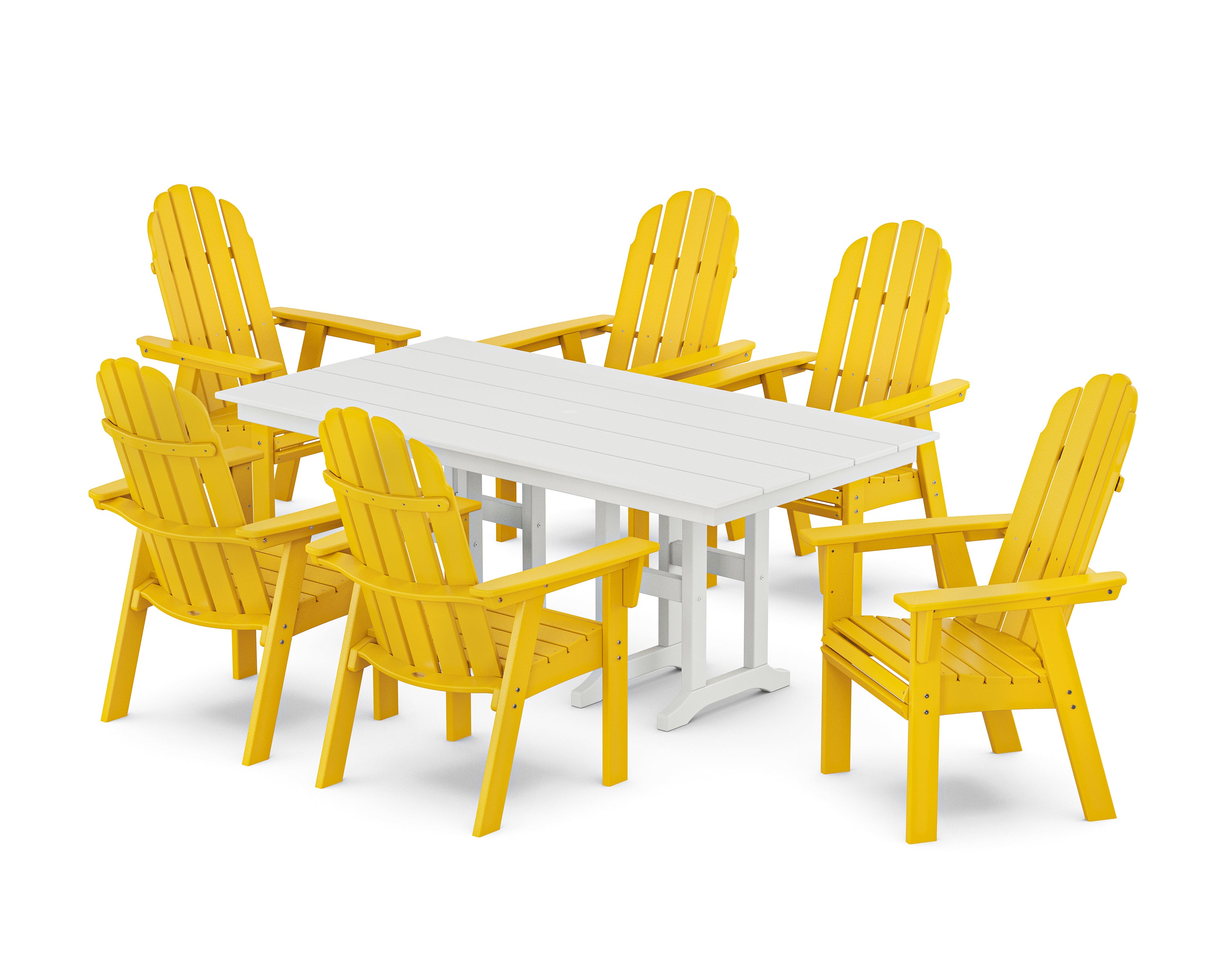 POLYWOOD® Vineyard Curveback Adirondack Chair 7-Piece Farmhouse Dining Set in Lemon / White