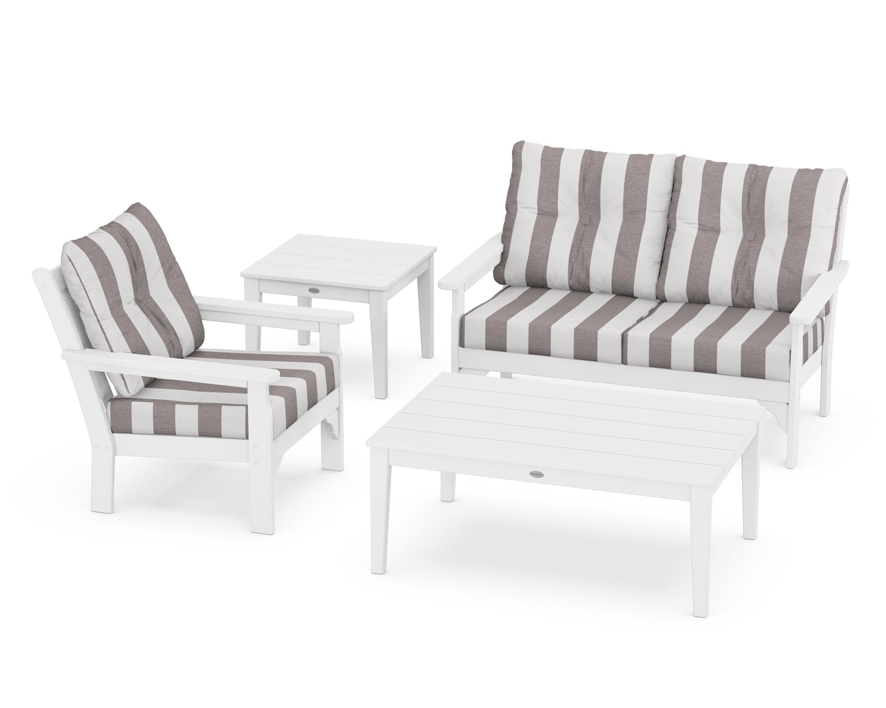 POLYWOOD® Vineyard 4-Piece Deep Seating Set in White / Cabana Stripe Grey Mist