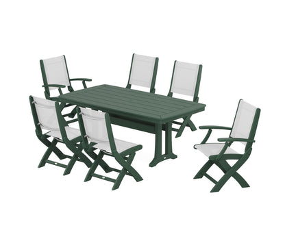 POLYWOOD® Coastal Folding Chair 7-Piece Dining Set with Trestle Legs in Green / White Sling