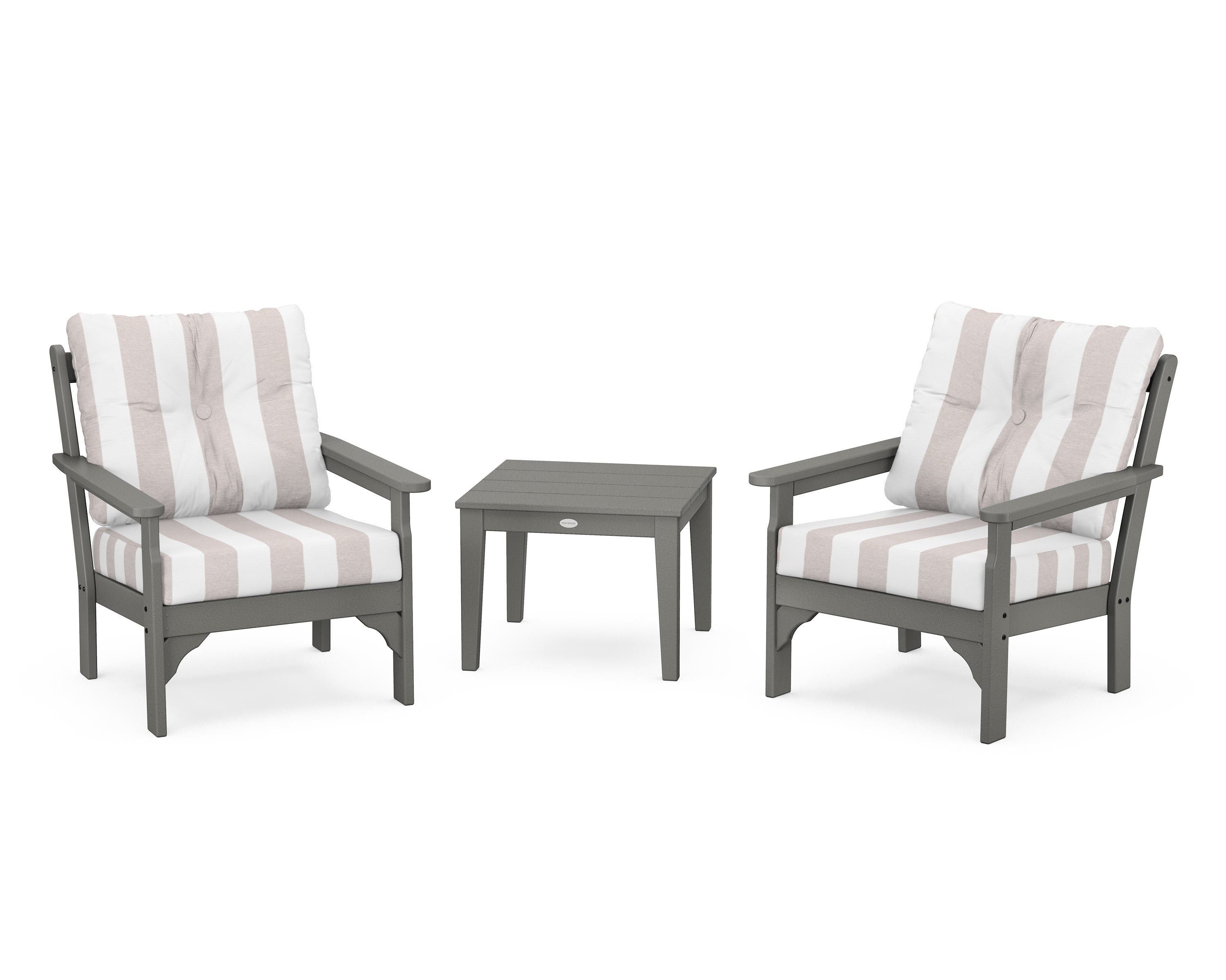 POLYWOOD® Vineyard 3-Piece Deep Seating Set in Slate Grey / Cabana Stripe Dune Burlap