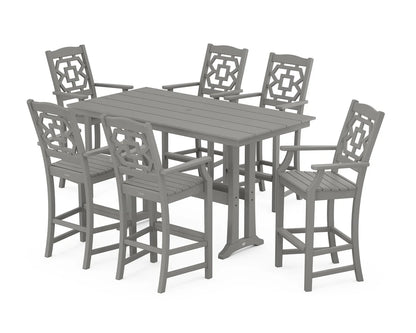 Chinoiserie Arm Chair 7-Piece Farmhouse Bar Set with Trestle Legs