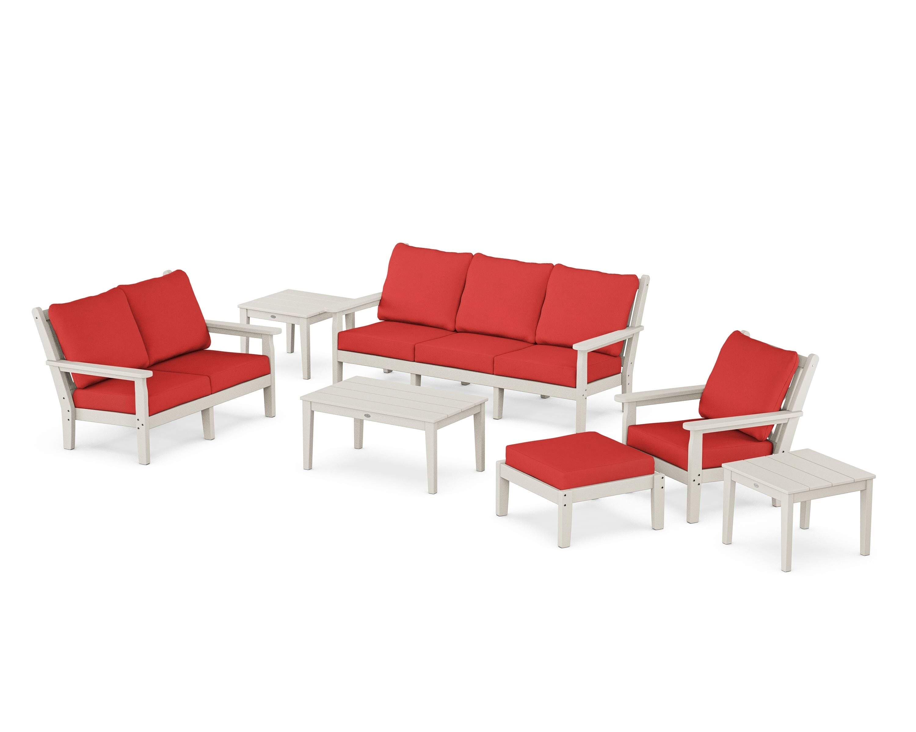POLYWOOD® Chippendale 7-Piece Deep Seating Set in Sand / Crimson Linen