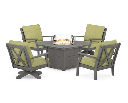 POLYWOOD® Braxton 5-Piece Deep Seating Set with Fire Table in Slate Grey / Chartreuse Boucle