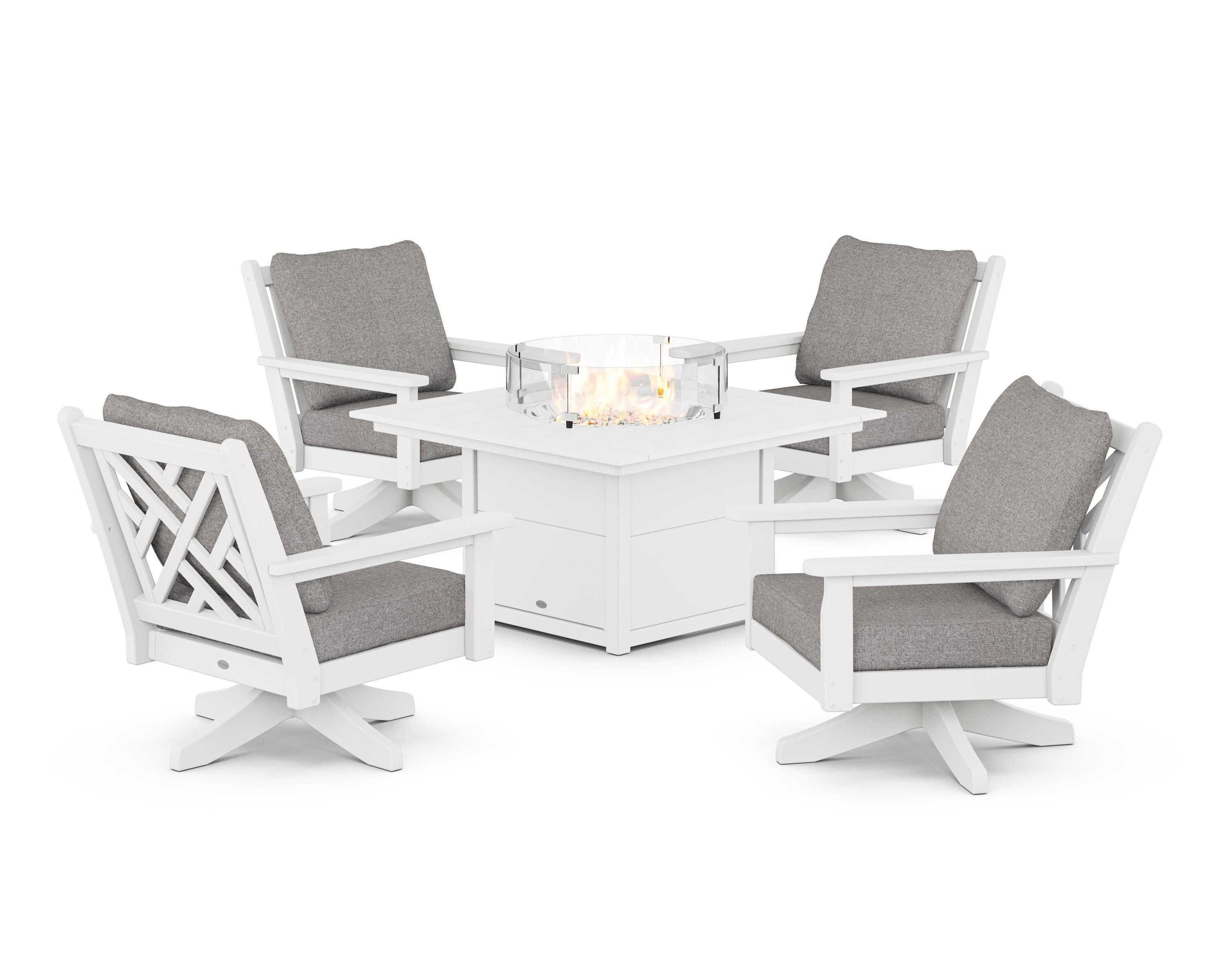 POLYWOOD® Chippendale 5-Piece Deep Seating Swivel Conversation Set with Fire Pit Table in White / Grey Mist