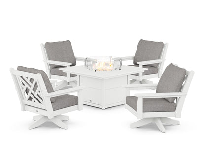POLYWOOD® Chippendale 5-Piece Deep Seating Swivel Conversation Set with Fire Pit Table in White / Grey Mist