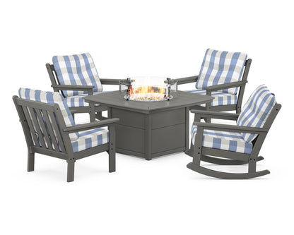 POLYWOOD® Vineyard 5-Piece Deep Seating Rocking Chair Conversation Set with Fire Pit Table in Slate Grey / Buffalo Plaid Sky Blue