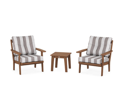 POLYWOOD® Prairie 3-Piece Deep Seating Set in Teak / Cabana Stripe Grey Mist