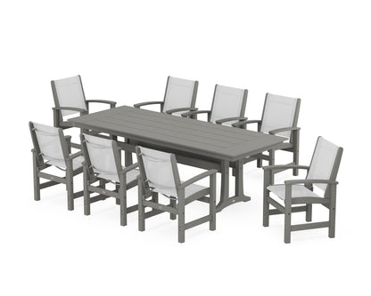 POLYWOOD® Coastal 9-Piece Farmhouse Dining Set with Trestle Legs in Slate Grey / White Sling