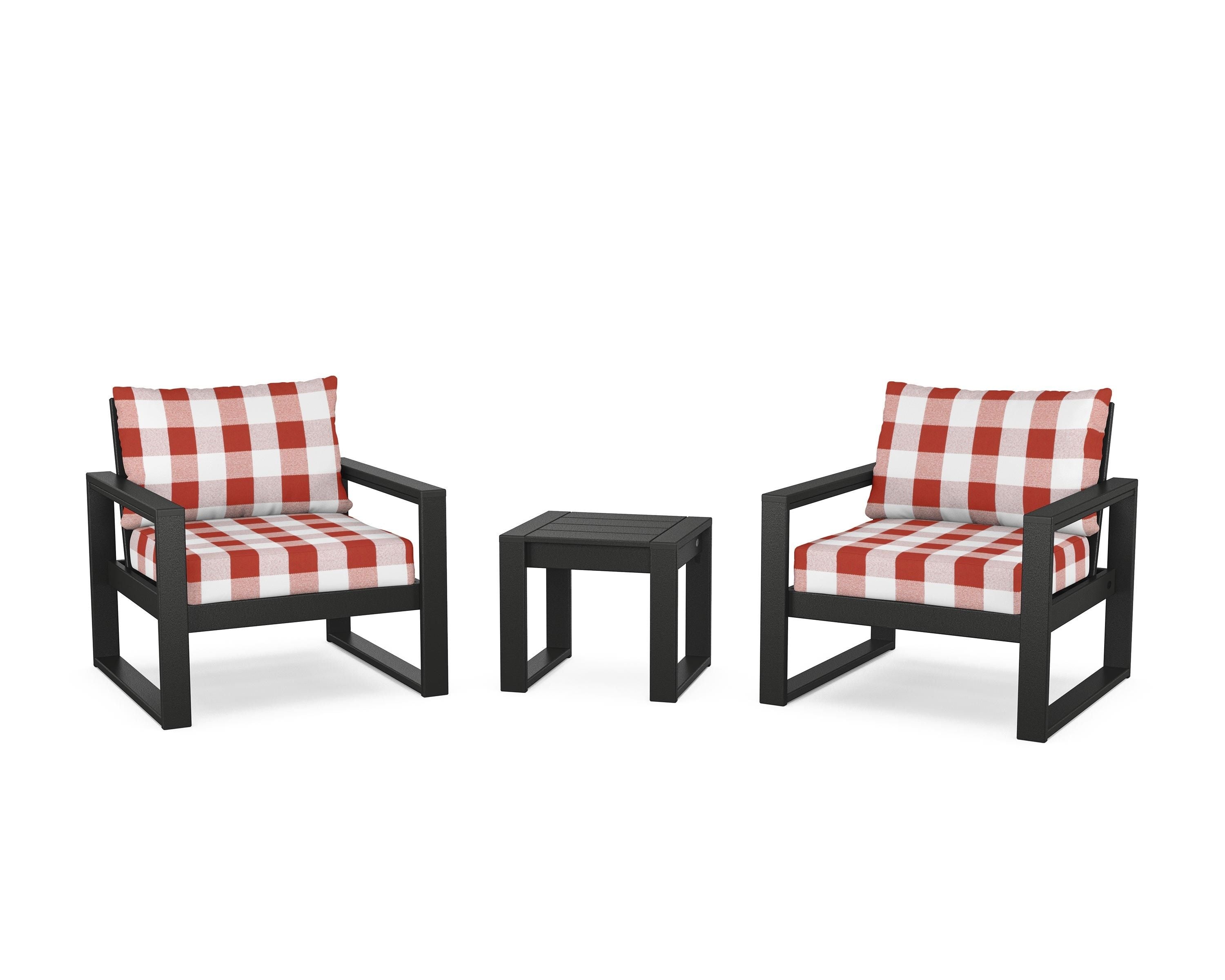 POLYWOOD® EDGE Sectional 3-Piece Deep Seating Set in Black / Buffalo Plaid Crimson