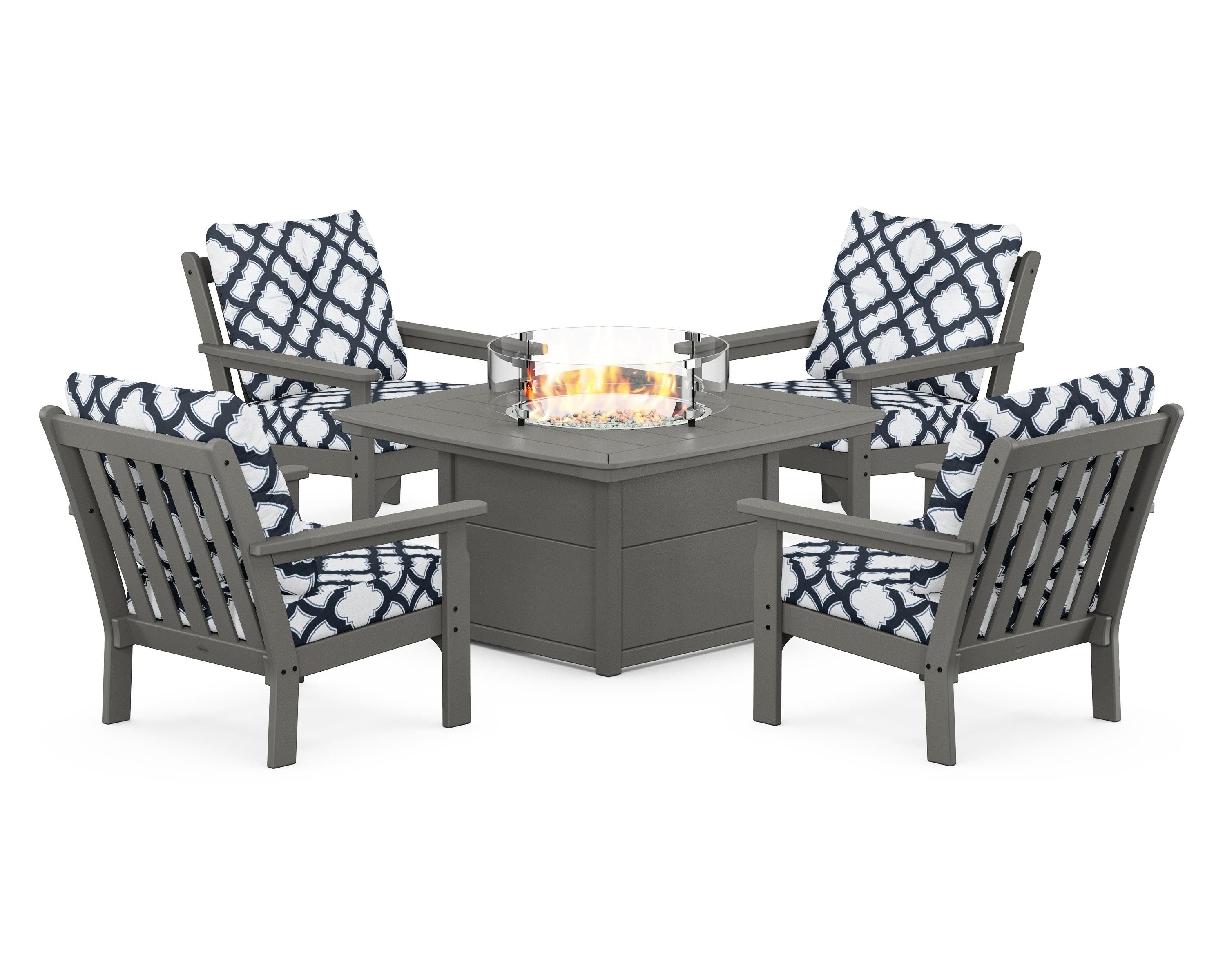 POLYWOOD® Vineyard 5-Piece Conversation Set with Fire Pit Table in Slate Grey / Trellis Marine Indigo