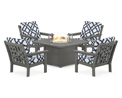 POLYWOOD® Vineyard 5-Piece Conversation Set with Fire Pit Table in Slate Grey / Trellis Marine Indigo
