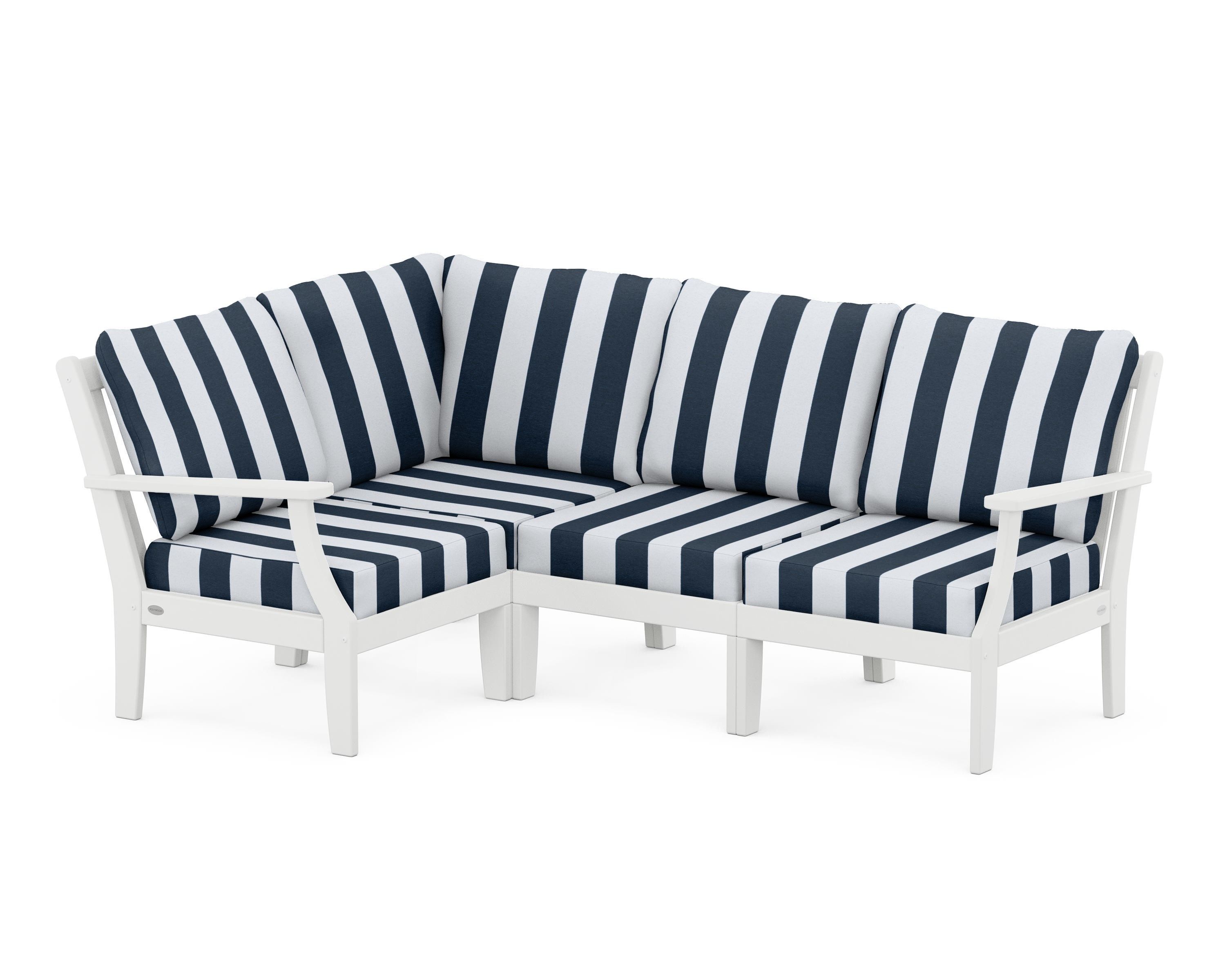 POLYWOOD® Braxton Modular 4-Piece Deep Seating Set in White / Cabana Stripe Marine Indigo