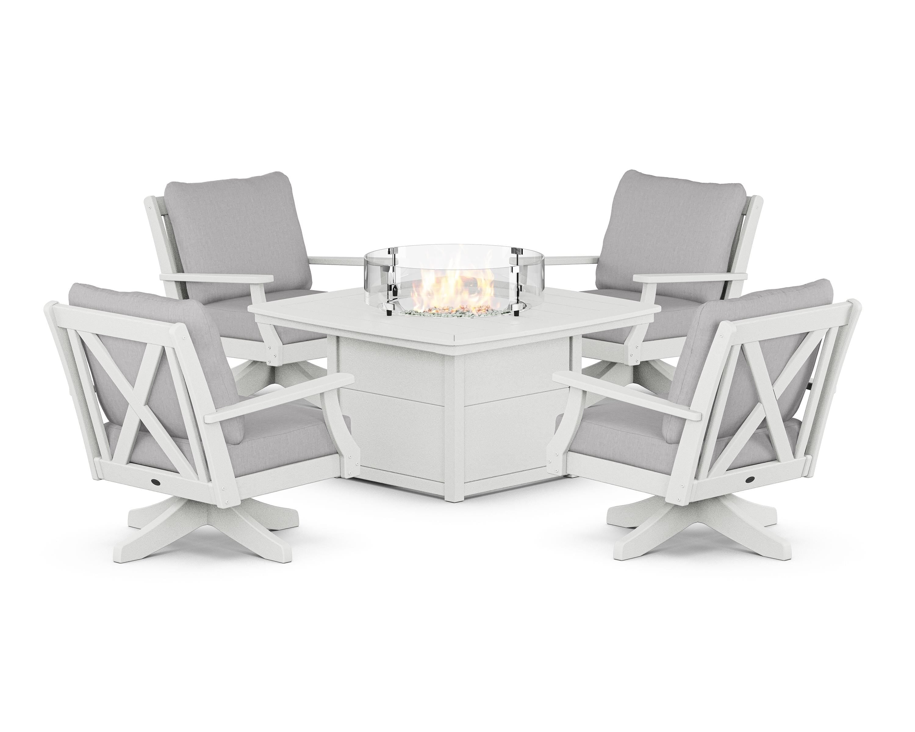 POLYWOOD® Braxton 5-Piece Deep Seating Swivel Conversation Set with Fire Pit Table in Vintage White / Granite