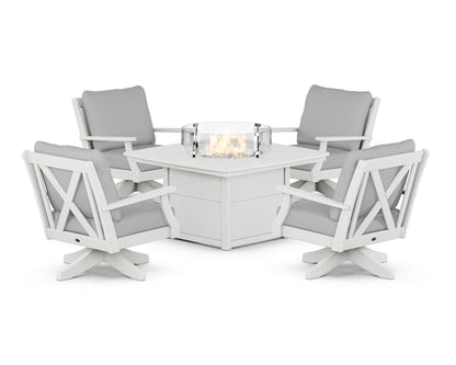 POLYWOOD® Braxton 5-Piece Deep Seating Swivel Conversation Set with Fire Pit Table in Vintage White / Granite