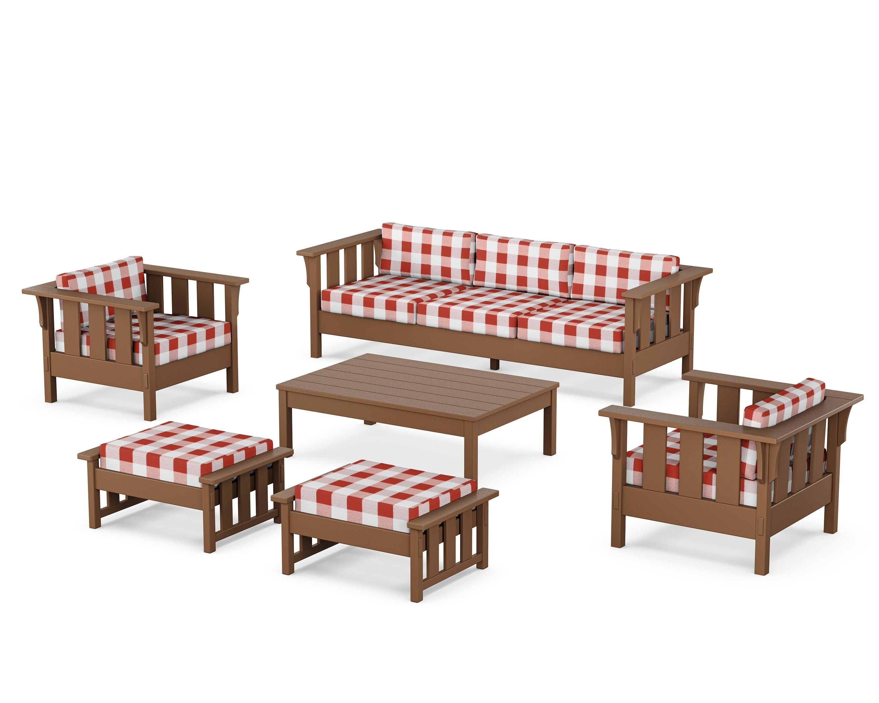 Martha Stewart by POLYWOOD® Acadia 6-Piece Lounge Sofa Set in Teak / Buffalo Plaid Crimson