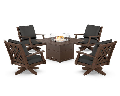 Country Living Wovendale 5-Piece Deep Seating Swivel Conversation Set with Fire Pit Table in Mahogany / Spectrum Carbon