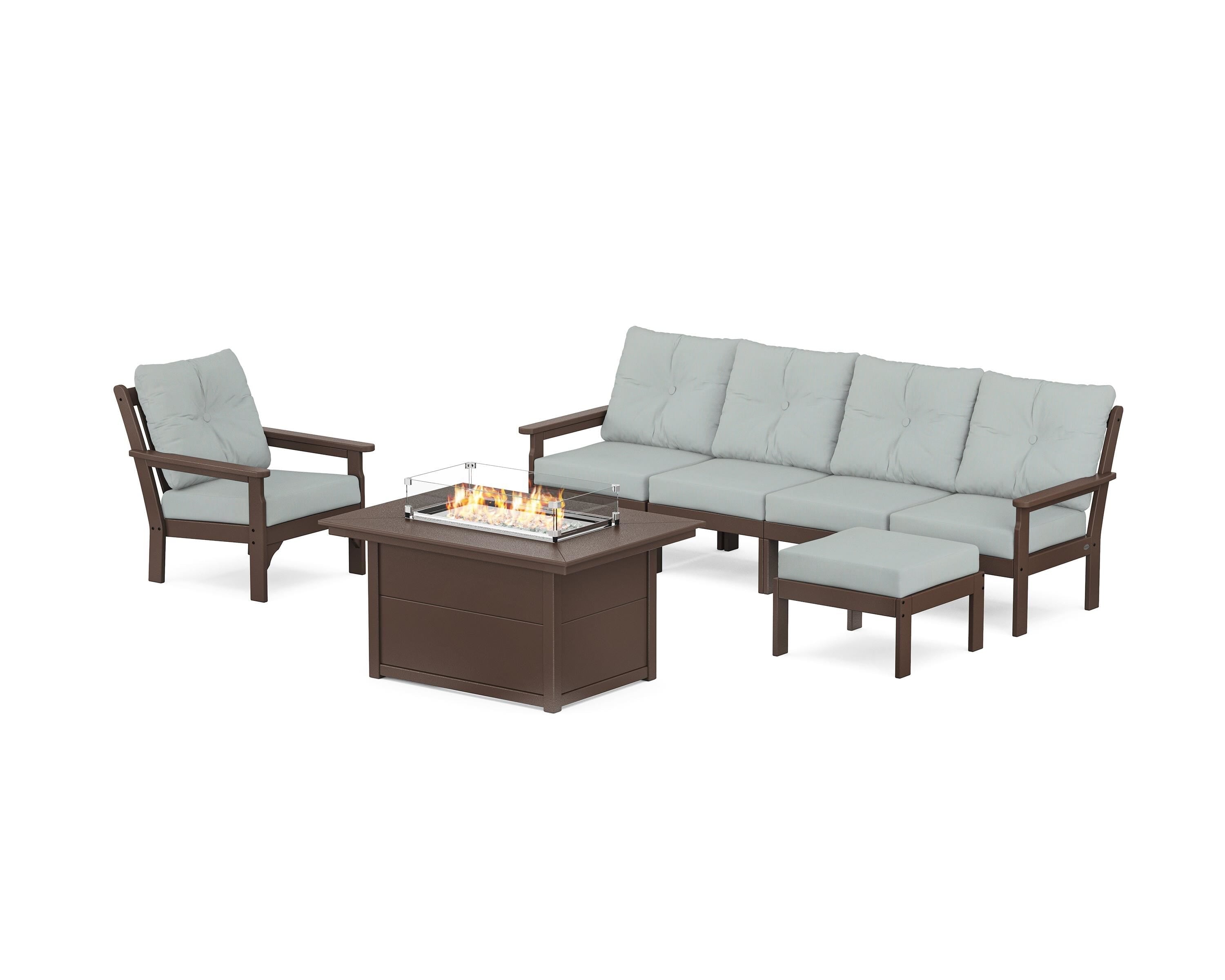 POLYWOOD® Vineyard Sectional Lounge and Fire Pit Set in Mahogany / Spa