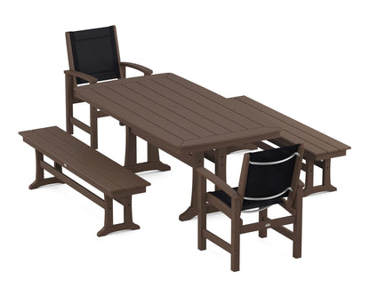 POLYWOOD® Coastal 5-Piece Dining Set with Trestle Legs and Benches in Mahogany / Black Sling
