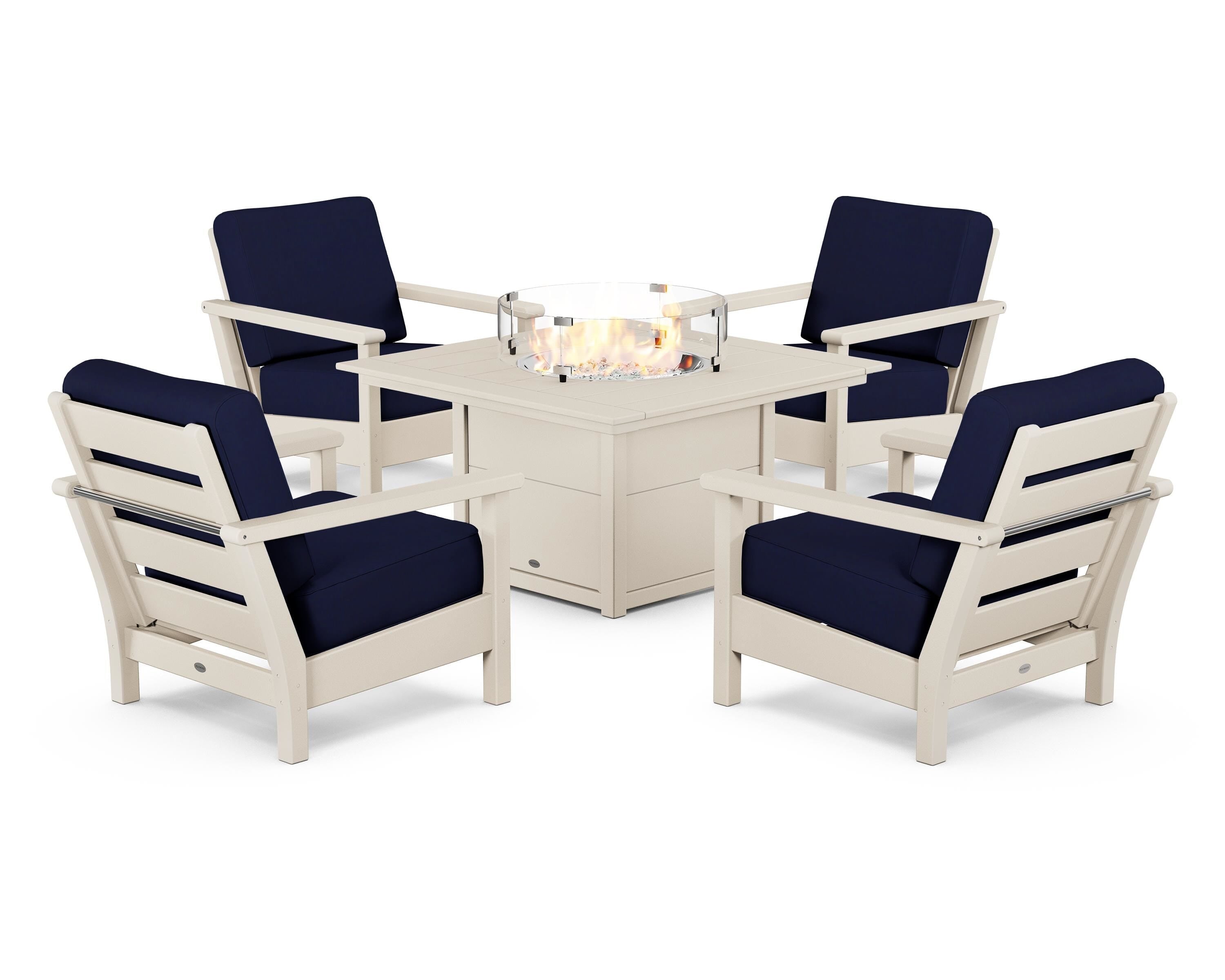 POLYWOOD® Harbour 5-Piece Conversation Set with Fire Pit Table in Sand / Navy
