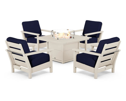 POLYWOOD® Harbour 5-Piece Conversation Set with Fire Pit Table in Sand / Navy