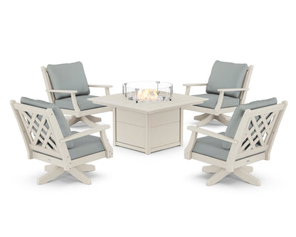 Country Living Wovendale 5-Piece Deep Seating Swivel Conversation Set with Fire Pit Table in Sand / Spa