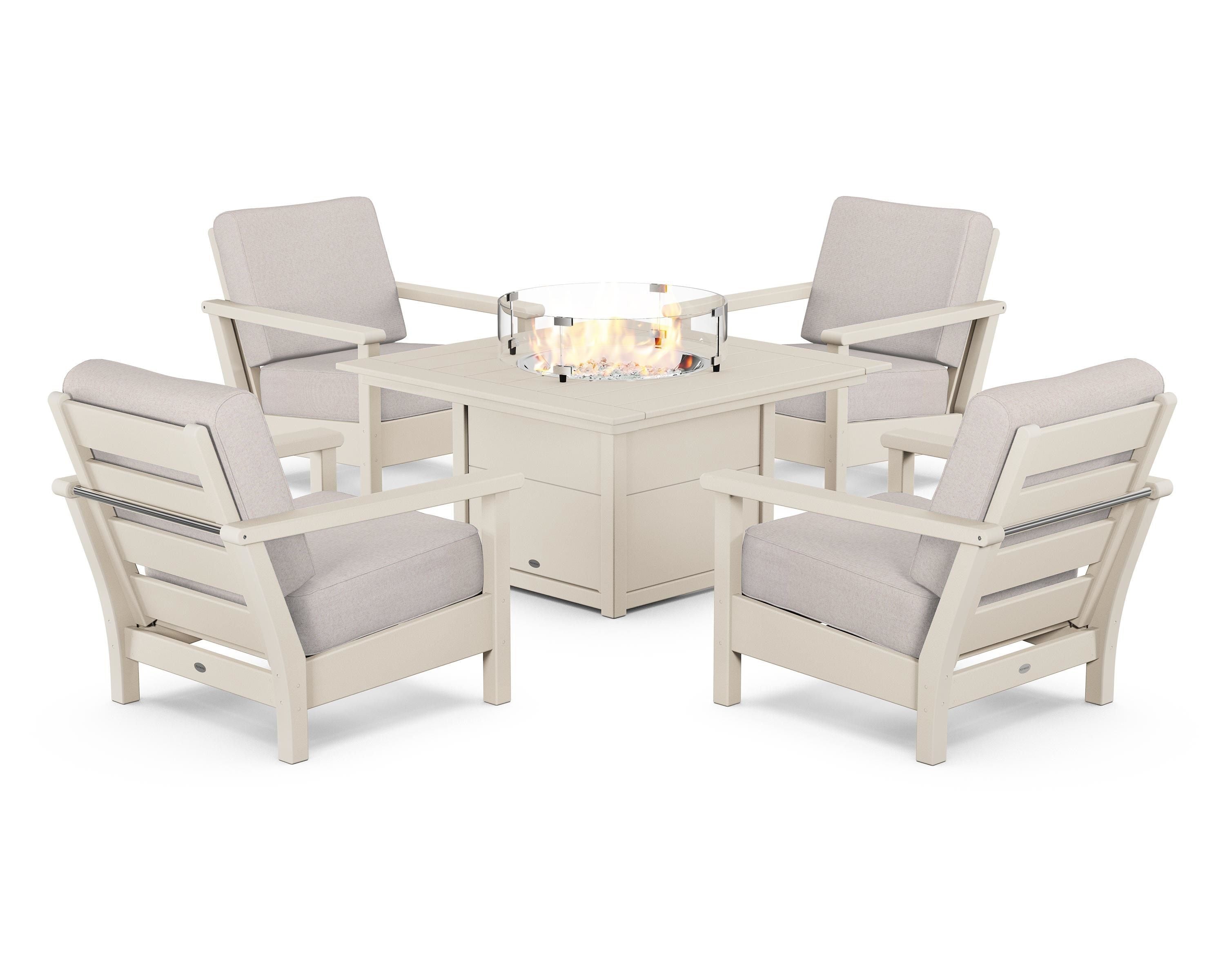 POLYWOOD® Harbour 5-Piece Conversation Set with Fire Pit Table in Sand / Dune Burlap