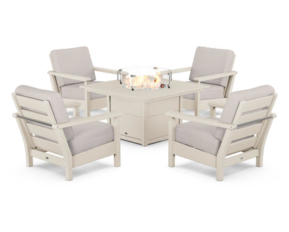 POLYWOOD® Harbour 5-Piece Conversation Set with Fire Pit Table in Sand / Dune Burlap
