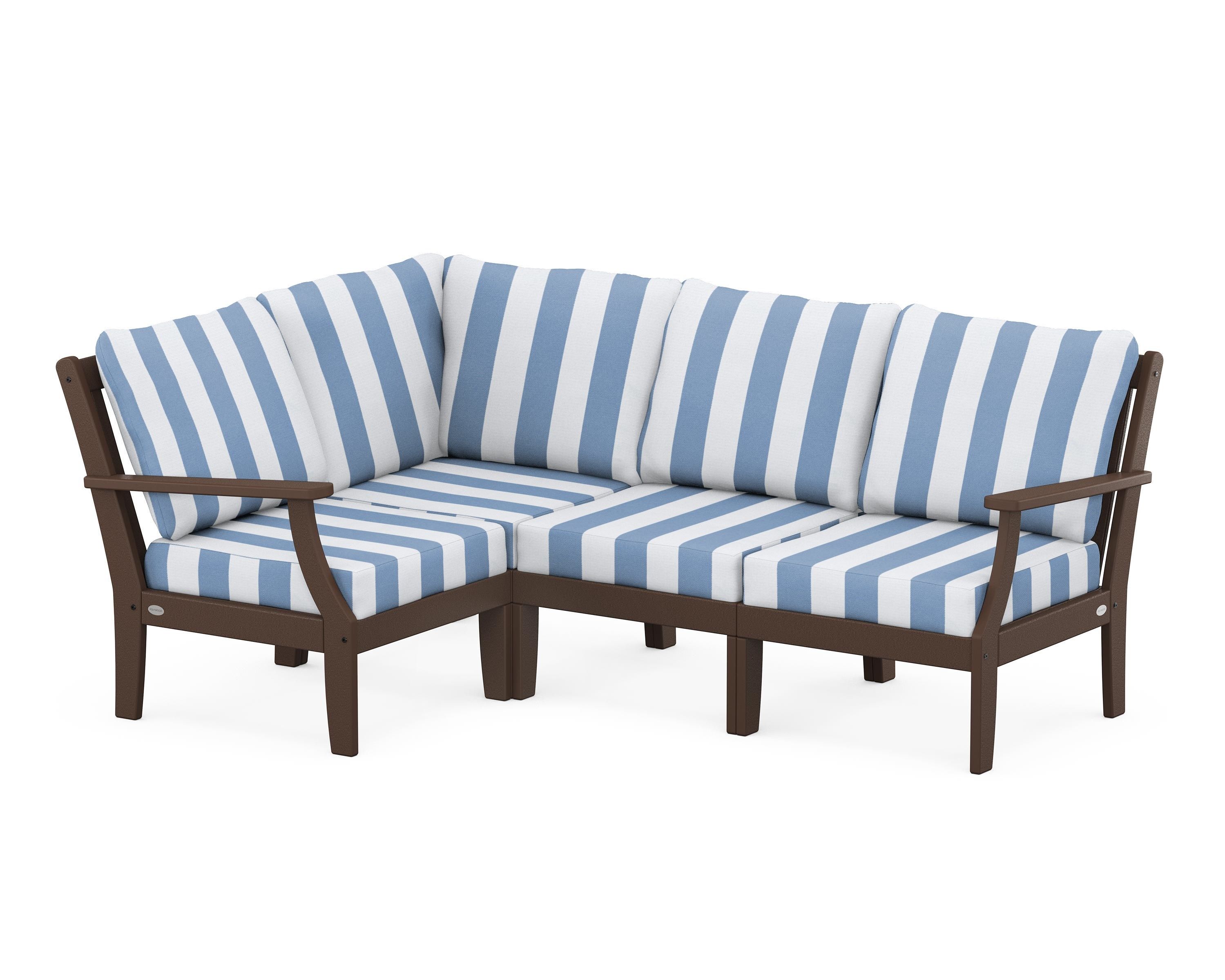 POLYWOOD® Braxton Modular 4-Piece Deep Seating Set in Mahogany / Cabana Stripe Sky Blue