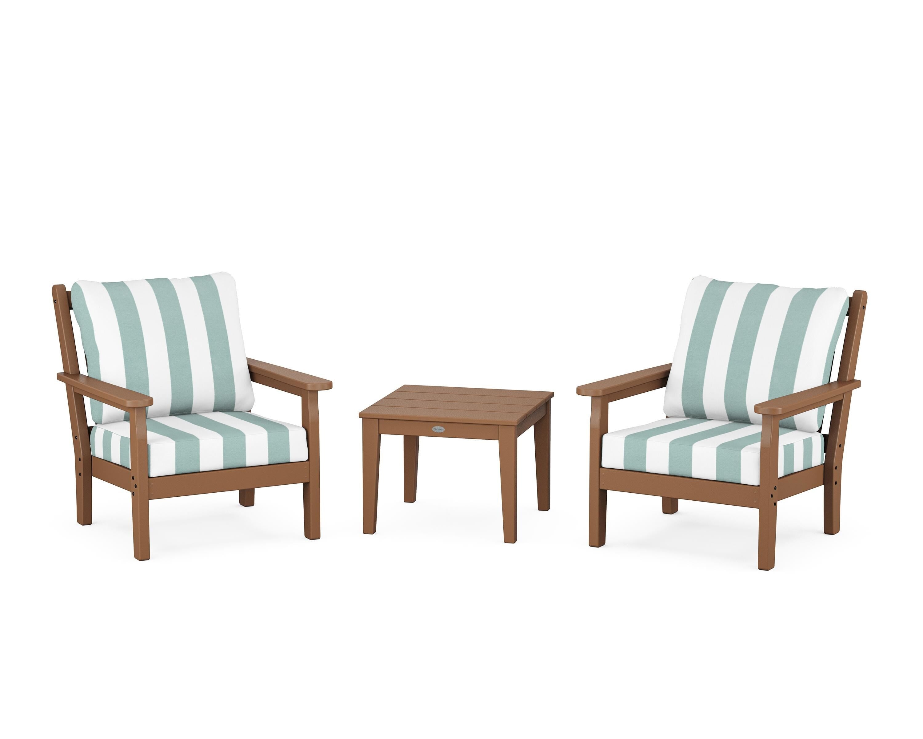 POLYWOOD® Chippendale 3-Piece Deep Seating Set in Teak / Cabana Stripe Glacier Spa