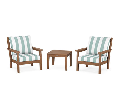 POLYWOOD® Chippendale 3-Piece Deep Seating Set in Teak / Cabana Stripe Glacier Spa