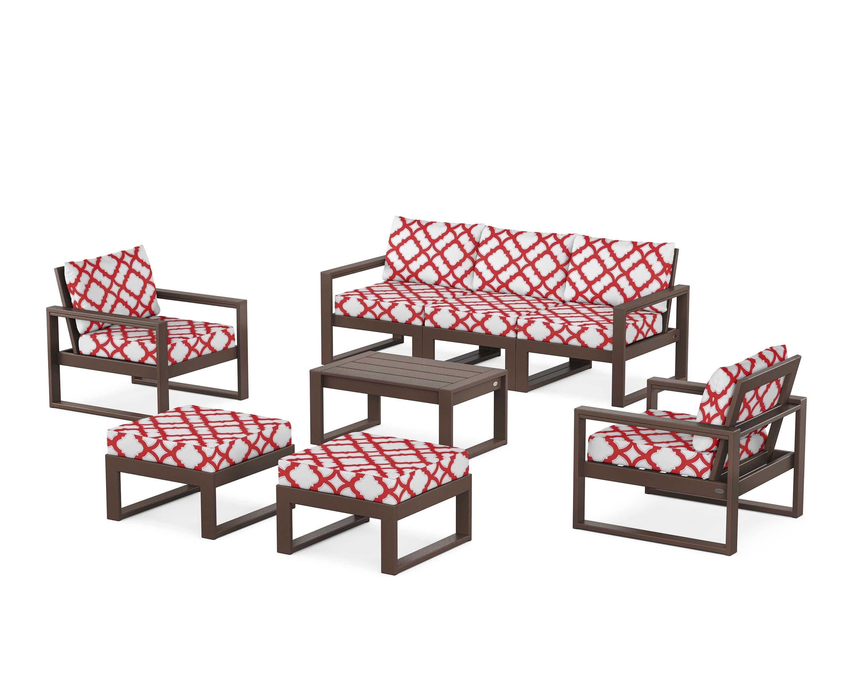 POLYWOOD® EDGE Sectional 8-Piece Lounge Sofa Set in Mahogany / Trellis Crimson