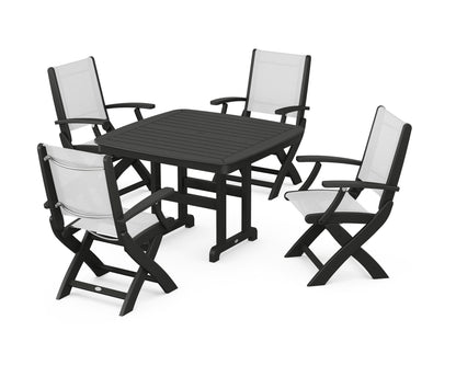POLYWOOD® Coastal Folding Chair 5-Piece Dining Set in Black / White Sling