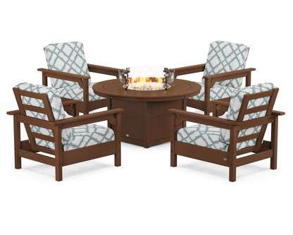 POLYWOOD® Club 5-Piece Conversation Set with Fire Pit Table in Teak / Trellis Glacier Spa